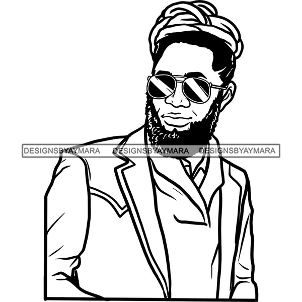 Sexy Black Man Stylish Sunglasses Dreadlocks Bun Hairstyle Illustration B/W SVG JPG PNG Vector Clipart Cricut Silhouette Cut Cutting