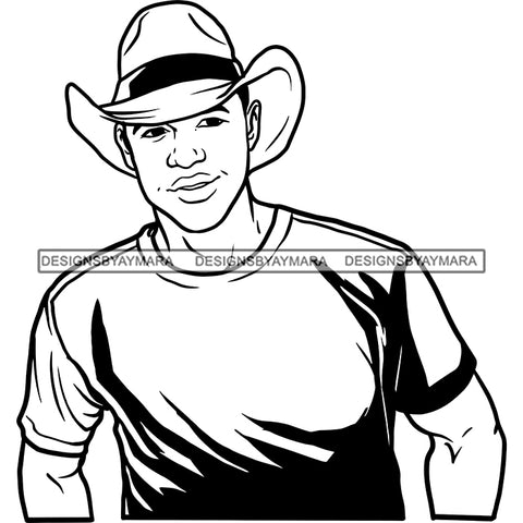 Sexy Black Man Smiling Cowboy Hat Short Sleeve T-Shirt Fashion Style B/W SVG JPG PNG Vector Clipart Cricut Silhouette Cut Cutting