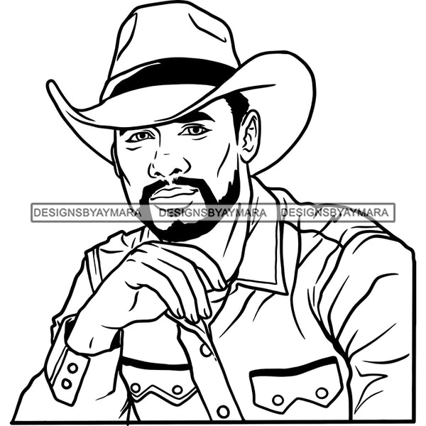 Sexy Black Man Portrait Cowboy Hat Long Sleeve Shirt Fashion Style B/W SVG JPG PNG Vector Clipart Cricut Silhouette Cut Cutting