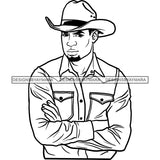 Sexy Black Man Crossed Arms Cowboy Hat Long Sleeve Shirt Fashion Style B/W SVG JPG PNG Vector Clipart Cricut Silhouette Cut Cutting