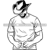 Sexy Black Man Head Down Cowboy Hat Short Sleeve T-Shirt Fashion Style B/W SVG JPG PNG Vector Clipart Cricut Silhouette Cut Cutting