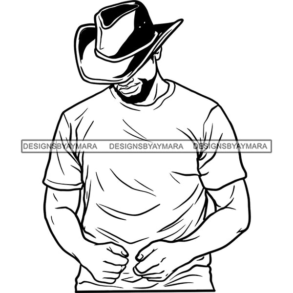 Sexy Black Man Head Down Cowboy Hat Short Sleeve T-Shirt Fashion Style B/W SVG JPG PNG Vector Clipart Cricut Silhouette Cut Cutting