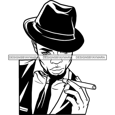 Sexy Black Man Holding Cigar Elegant Stylish Vintage Hat Fashion Style B/W SVG JPG PNG Vector Clipart Cricut Silhouette Cut Cutting