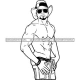 Sexy Black Man Strong Shirtless Sunglasses Cowboy Hat Style Illustration B/W SVG JPG PNG Vector Clipart Cricut Silhouette Cut Cutting