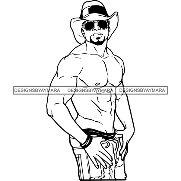 Sexy Black Man Strong Shirtless Sunglasses Cowboy Hat Style Illustration B/W SVG JPG PNG Vector Clipart Cricut Silhouette Cut Cutting