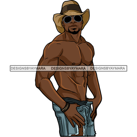 Sexy Black Man Strong Shirtless Sunglasses Cowboy Hat Style Illustration SVG JPG PNG Vector Clipart Cricut Silhouette Cut Cutting