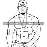 Sexy Black Man Shirtless Dollar Sign Necklace Baseball Cap Style Illustration B/W SVG JPG PNG Vector Clipart Cricut Silhouette Cut Cutting