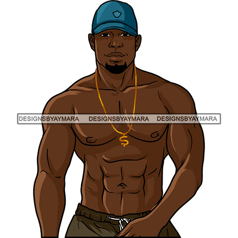 Sexy Black Man Shirtless Dollar Sign Necklace Baseball Cap Style Illustration SVG JPG PNG Vector Clipart Cricut Silhouette Cut Cutting