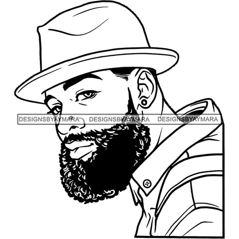 Sexy Black Man Confident Bearded Earring Classic Hat Fashion Style B/W SVG JPG PNG Vector Clipart Cricut Silhouette Cut Cutting