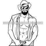 Sexy Black Man Fashion Model Open Shirt Sunglasses Cowboy Hat Style B/W SVG JPG PNG Vector Clipart Cricut Silhouette Cut Cutting