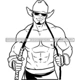 Sexy Black Man Fashion Model Shirtless Whip Sunglasses Cowboy Hat Style B/W SVG JPG PNG Vector Clipart Cricut Silhouette Cut Cutting