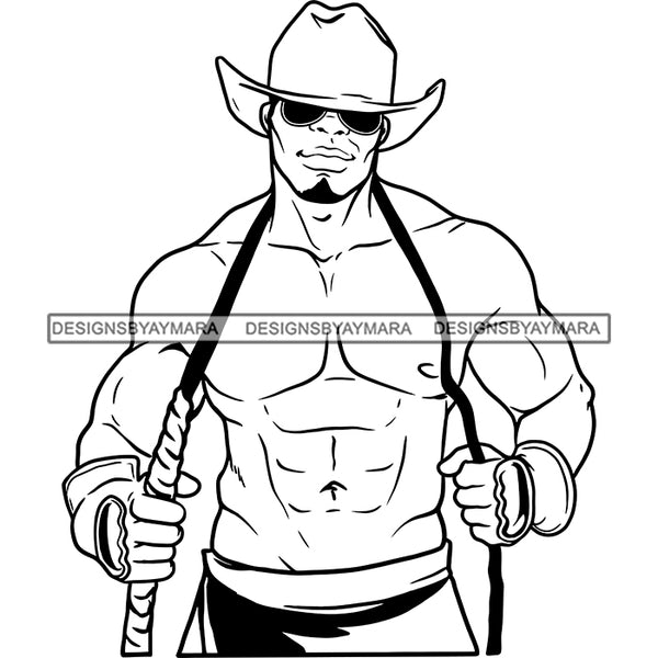 Sexy Black Man Fashion Model Shirtless Whip Sunglasses Cowboy Hat Style B/W SVG JPG PNG Vector Clipart Cricut Silhouette Cut Cutting