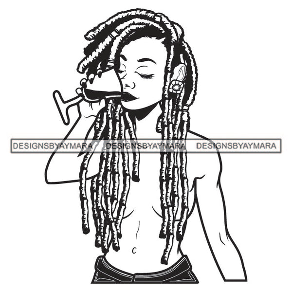 Gangster Sexy Lola Afro Girl Black Woman Long Dreadlocks Hairstyle Drinking Glass Wine No Clothes Muscular Fit Athletics Woman Hustling Designs For T-Shirt and Other Products SVG PNG JPG Cutting Files For Silhouette Cricut and More!