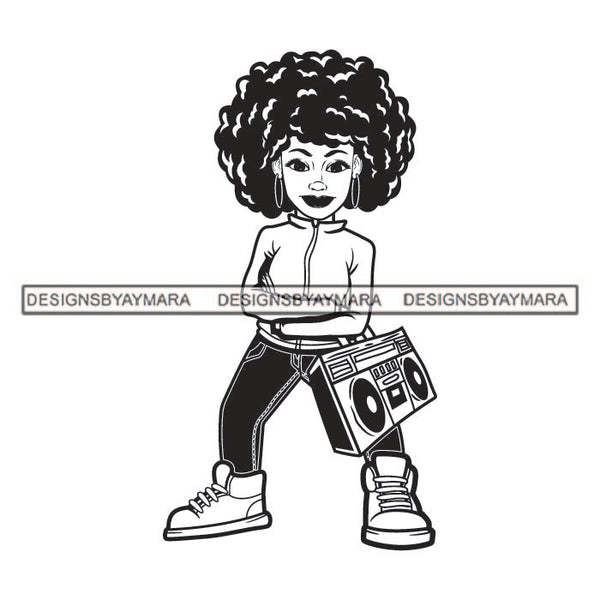 Cute Lola Afro Girl Boom Box Black Woman Nubian Melanin Afro Hair Swag Designs For T-Shirt and Other Products SVG PNG JPG Cutting Files For Silhouette Cricut and More!