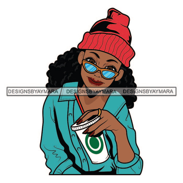 Cute Lola Afro Girl Black Woman Drinking Coffee Mug Sunglasses Starbuck Winter Hat Designs For T-Shirt and Other Products SVG PNG JPG Cutting Files For Silhouette Cricut and More!
