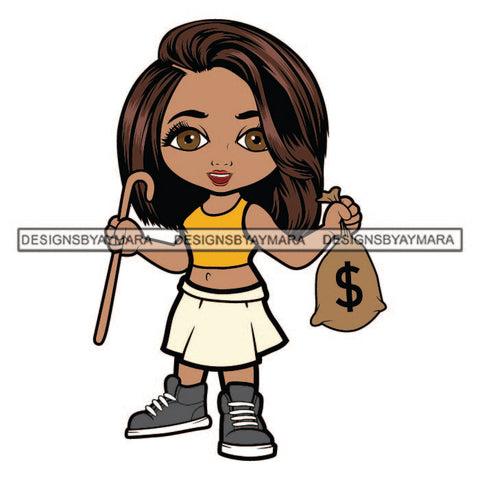 Hustler Cute Lola Afro Girl Cane Black Woman Hustling Independent Savage Money Bag Cash Hustle Designs For T-Shirt and Other Products SVG PNG JPG Cutting Files For Silhouette Cricut and More!