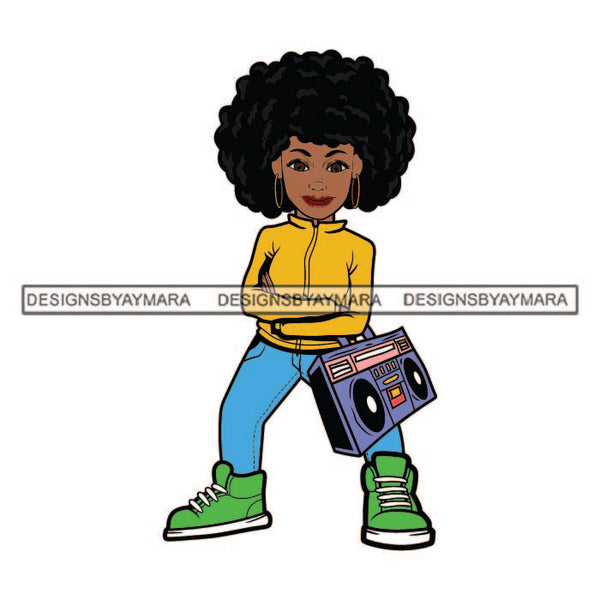 Cute Lola Afro Girl Boom Box Black Woman Nubian Melanin Afro Hair Swag Designs For T-Shirt and Other Products SVG PNG JPG Cutting Files For Silhouette Cricut and More!