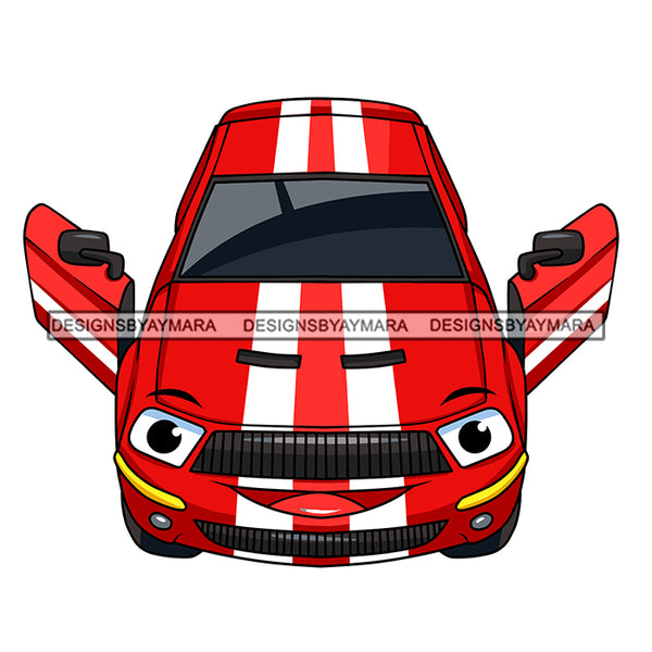 Muscle Strong Powerful Sport Car Red White Stripes Cartoon Character Automobile Luxurious Machine Speed Transportation SVG JPG PNG Vector Clipart Cricut Silhouette Cut Cutting