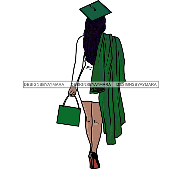 Graduation Woman Cap Diploma Achievement Education College Ceremony Student Success Graduate White And Green Color Dress Holding Bag SVG JPG PNG Vector Clipart Cricut Cutting Files