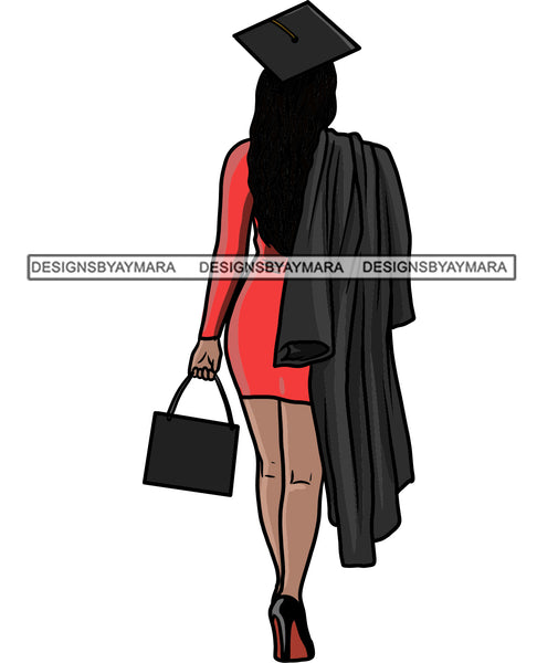 Graduation Woman Long Hair Red Dress Achievement Hard Work Diploma Success Robe Cap Certificate College SVG PNG JPG Cutting Files