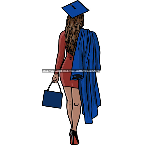 Afro Black Woman Holding Graduation Gown Wearing Cap Back View Long Hairstyle SVG JPG PNG Cutting Files For Silhouette Cricut More