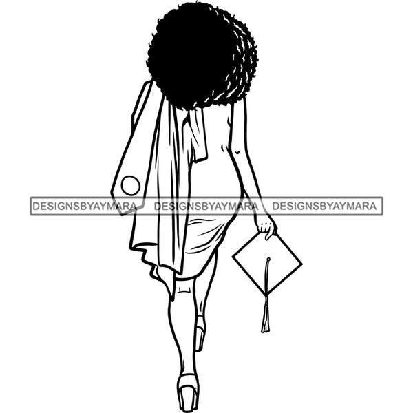 Afro Black Woman Holding Graduation Gown Cap Back View Afro Hairstyle B/W SVG JPG PNG Cutting Files For Silhouette Cricut More