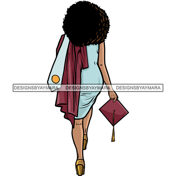 Afro Black Woman Holding Graduation Gown Cap Back View Afro Hairstyle SVG JPG PNG Cutting Files For Silhouette Cricut More