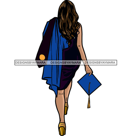 Graduation Woman Cap Diploma Blue Gown Education College Ceremony Student Success Graduate Black And Blue Color Dress Design Element SVG JPG PNG Vector Clipart Cricut Cutting Files