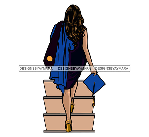 Graduation Woman Cap Diploma Blue Gown Education College Ceremony Student Standing On Stairs Success Graduate Black And Blue Color Dress Design Element SVG JPG PNG Vector Clipart Cricut Cutting Files