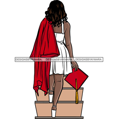Student Standing On Stair Design Element Red And White Color Achievement Graduation Woman Cap Diploma Education College Ceremony Success Graduate SVG JPG PNG Vector Clipart Cricut Cutting Files