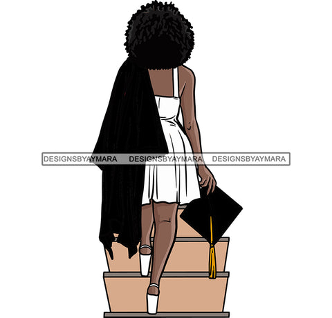 Afro Woman Walking Stairs African American Graduation Woman Backside Design Element Holding Hat Moving Forward SVG JPG PNG Vector Clipart Cricut Silhouette Cut Cutting