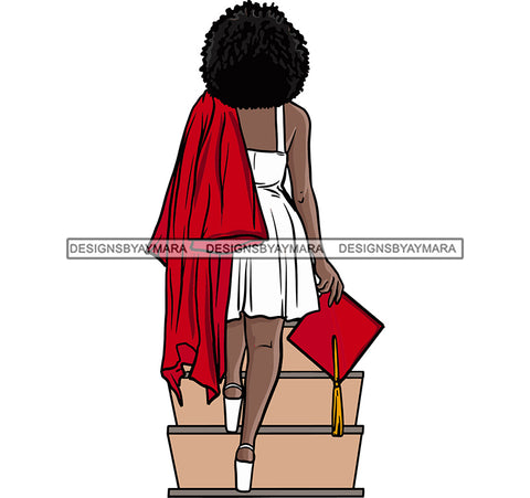 Afro Student Standing On Stair Design Element Red And White Color Afro Hair Style Achievement Graduation Woman Cap Diploma Education College Ceremony Success Graduate SVG JPG PNG Vector Clipart Cricut Cutting Files