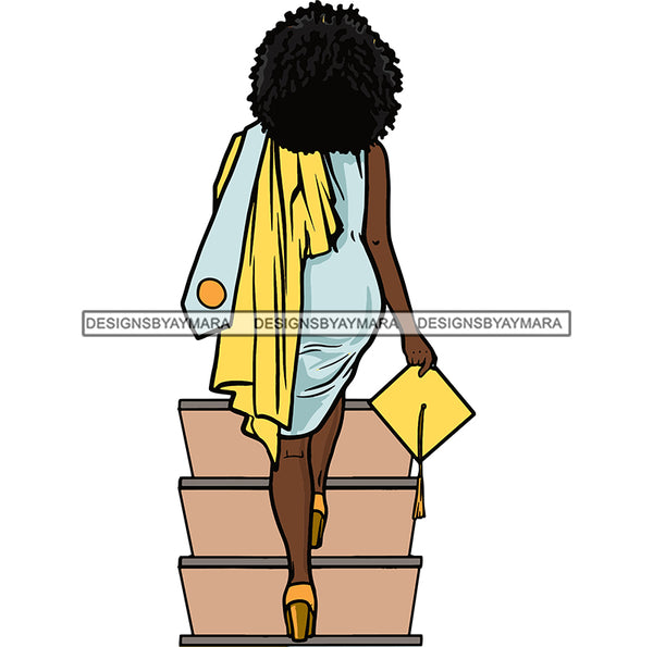 Graduation Afro Woman Yellow Gown Robe Achievement Hard Work Diploma Success Robe Cap Certificate College SVG Cutting Files