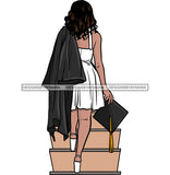 Graduation Woman Cap Diploma Achievement Education College Ceremony Student Standing On Stair Design Element Black And White Color Success Graduate SVG JPG PNG Vector Clipart Cricut Cutting Files