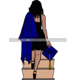 Diploma Student Standing On Stair Design Element Blue And Black Color Graduation Woman Cap Achievement White Background Education College Ceremony Success SVG JPG PNG Vector Clipart Cricut Cutting Files