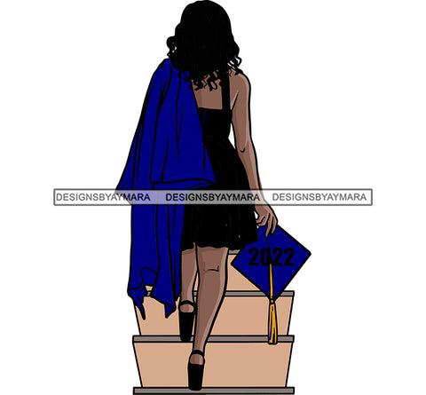 Graduate Woman Walking Up Stairs Navy Blue Dress Carrying Black Cap Gown Graduation SVG JPG PNG Vector Clipart Cricut Silhouette Cut Cutting