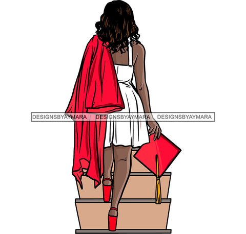 Graduation Woman Cap Diploma Achievement Education College Ceremony Student Standing On Stair Design Element Red And White Color Background Design Success Graduate SVG JPG PNG Vector Clipart Cricut Cutting Files