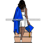 Graduation Woman Cap Diploma Student Standing On Stair Design Element Blue And White Color Achievement Education College Ceremony Success Graduate SVG JPG PNG Vector Clipart Cricut Cutting Files