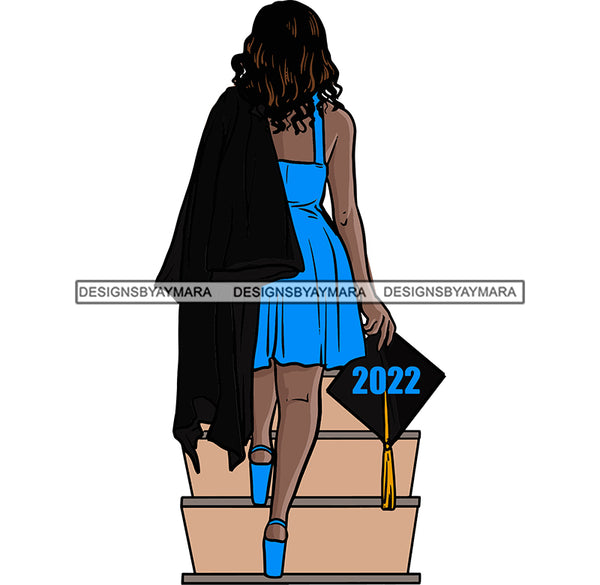Graduation Woman Cap Diploma Student Standing On Stair Design Element Blue And Black Color Achievement Education College Ceremony Success SVG JPG PNG Vector Clipart Cricut Cutting Files