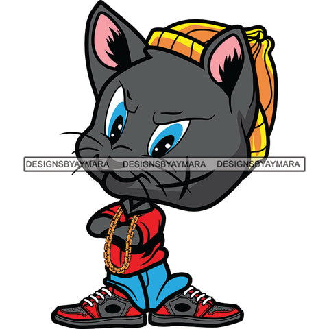 Cat Baby Kid Child Boy Wearing Red Shirt Blue Pant Sneakers Yellow Beanie Cap Animal Animals Golden Gold Chain Necklace Gangster SVG JPG PNG Vector Clipart Cricut Silhouette Cut Cutting