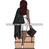 Afro Student Standing On Stair Design Element Red And White Color Afro Hair Style Achievement Graduation Woman Cap Diploma Education College Ceremony Success Graduate SVG JPG PNG Vector Clipart Cricut Cutting Files