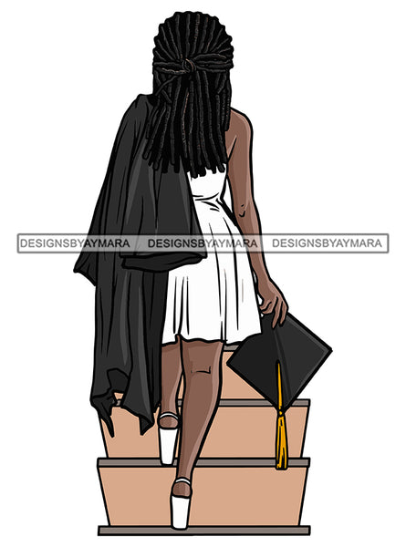 Graduation Woman Dreadlocks Locs Hair Achievement Hard Work Diploma Success Robe Cap Certificate College SVG PNG JPG Cutting Files