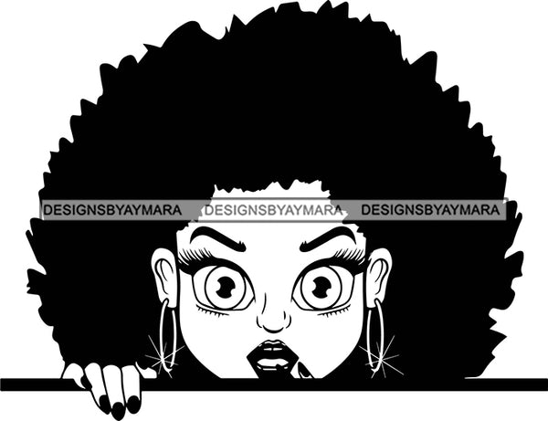 Afro Lili Black Girl Woman Big Eyes Peeking Peekaboo Nails Nubian Queen Melanin Afro Hair Style B/W SVG Cutting Files For Silhouette Cricut More