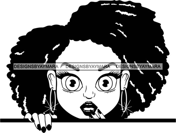 Afro Lili Black Girl Woman Big Eyes Peeking Peekaboo Nails Nubian Queen Melanin Afro Hair Style B/W SVG Cutting Files For Silhouette Cricut More