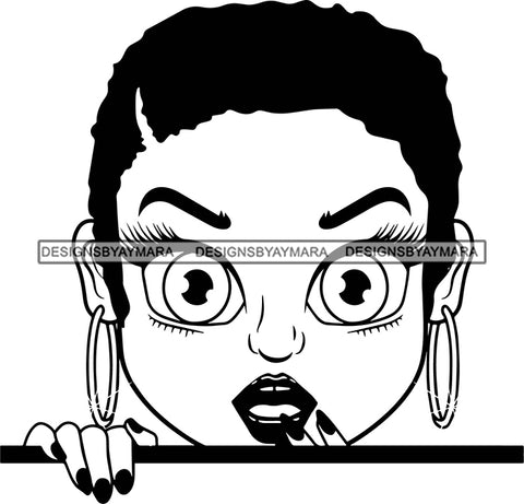 Afro Lili Black Girl Woman Big Eyes Peeking Peekaboo Nails Nubian Queen Melanin Short Hair Style B/W SVG Cutting Files For Silhouette Cricut More