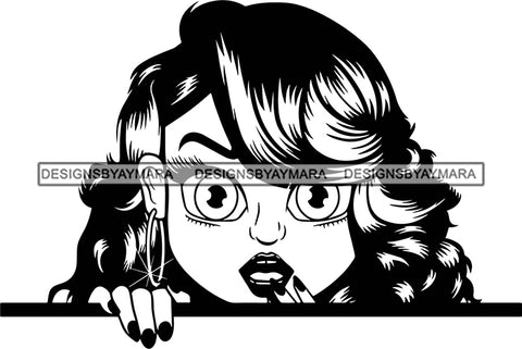 Afro Lili Black Girl Woman Big Eyes Peeking Peekaboo Nails Nubian Queen Melanin Wavy Hair Style B/W SVG Cutting Files For Silhouette Cricut More