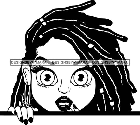 Afro Lili Black Girl Woman Big Eyes Peeking Peekaboo Nails Nubian Queen Melanin Dreadlocks Hair Style B/W SVG Cutting Files For Silhouette Cricut More