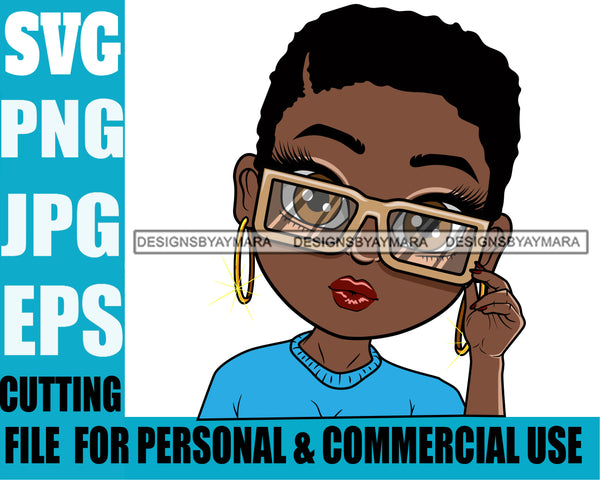 Afro Cute Lili Big Eyes Big Glasses Short Hairstyle Designs For Commercial And Personal Use Black Girl Woman Nubian Queen Melanin SVG Cutting Files For Silhouette Cricut and More