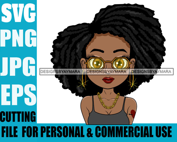 Afro Hair Cute Lili Big Eyes Cool Glasses Girl With Tattoo Designs For Commercial And Personal Use Black Girl Woman Nubian Queen Melanin SVG Cutting Files For Silhouette Cricut and More