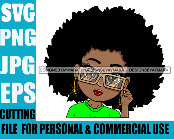 Afro Cute Lili Big Eyes Big Glasses Big Hairstyle Designs For Commercial And Personal Use Black Girl Woman Nubian Queen Melanin SVG Cutting Files For Silhouette Cricut and More